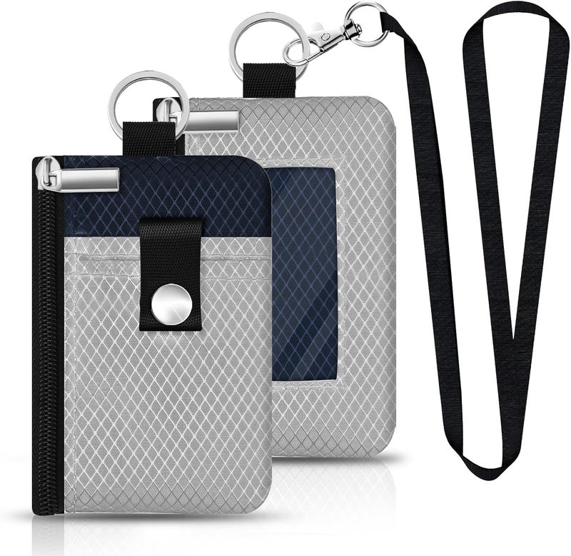 CCUMI Minimalist RFID Blocking Small Wallet with ID Window,WaterResistant Zip Id Case Wallet with Lanyard Keychain for Cards,Cash,Travel,Women,Men (Light gray/Dark blue) - Image 1